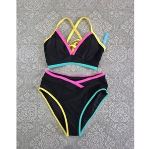 Popvil Womens High Waisted Colorblock Bikini Black Neon Pink Yellow Large